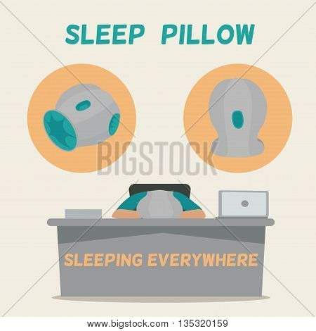 Man asleep on the job. Pillow for sleeping everywhere. Tired businessman sleeping on office table. Vector illustration.