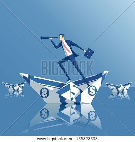 Business concept investment and search businessman on a paper boat floats paper boat from the bill origami made out of money