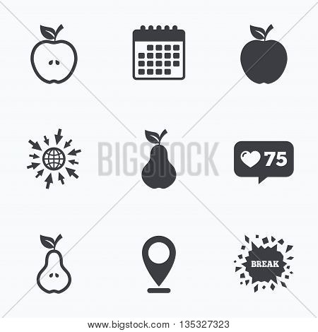 Calendar, like counter and go to web icons. Fruits with leaf icons. Apple and Pear with seeds signs. Natural food symbol. Location pointer.