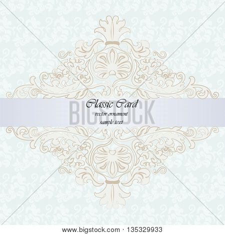 Classic rococo ornament design card for weddings ceremonies invitations or birthday parties. Golden engraving frame border. Antique style acanthus decor. Blue background. Vector
