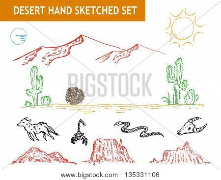 Western desert doodle set. Editable Clip art.