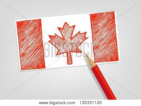 Canada Flag Sketch Style with Red Pencil Color. Editable Clip art.