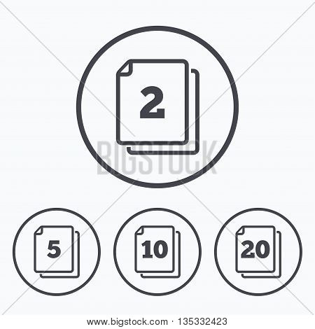 In pack sheets icons. Quantity per package symbols. 2, 5, 10 and 20 paper units in the pack signs. Icons in circles.