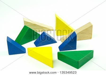 Wooden colorful bricks isolated on white background. Wooden toy building blocks