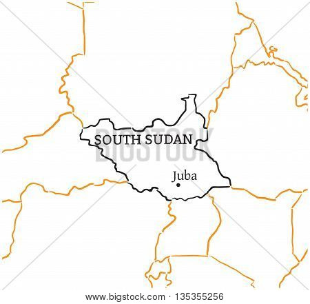 South Sudan country with its capital Juba in Africa hand-drawn sketch map isolated on white