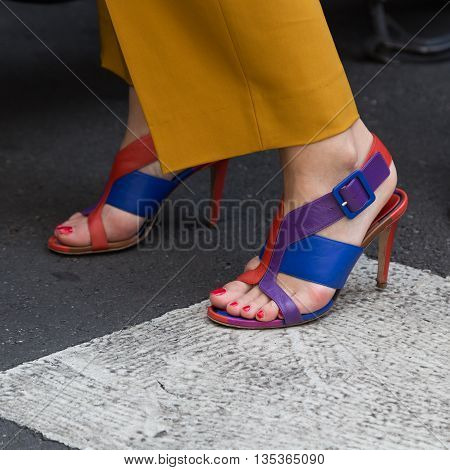 MILAN ITALY - JUNE 19: Detail of shoes outside Ferragamo fashion show building during Milan Men's Fashion Week on JUNE 19 2016 in Milan.