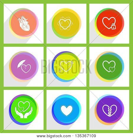closed heart, careful heart, unrequited love, atomic, arrow, protection love, love in hands. Heart shape set. Internet template. Vector icons.
