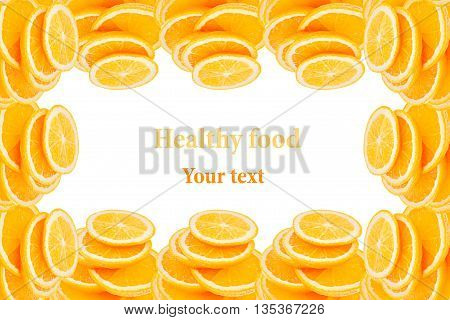 Pattern of repeating stacks of sliced oranges on a white background. Pile of slices of juicy orange. Isolated. Decorative Fruit frame border. Fruit background. Copy space. Concept art.