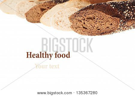 Cut baguette bread of different varieties on a white background. Isolated. Decorative frame of bread. Macro. Texture. Food background.