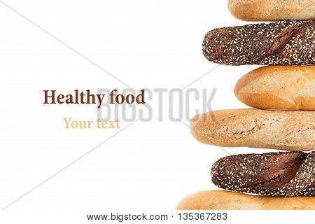 Baguette bread of different varieties on a white background. Rye wheat and whole grain bread. Isolated. Decorative frame of bread. Food background. Copy space.