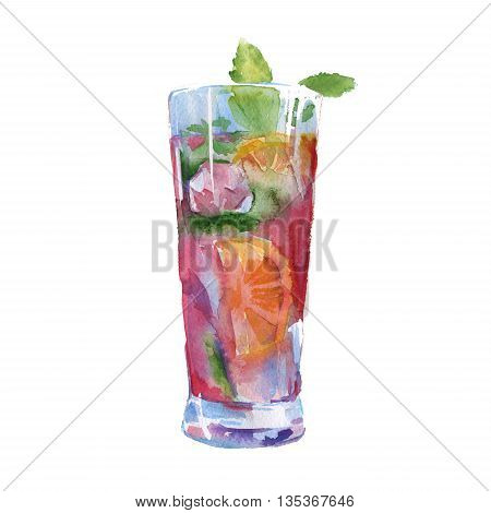 cocktail with fruit and mint. in clear glass. isolated. watercolor illyustrtsiya