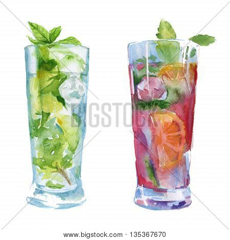 cocktail with fruit and mint. in clear glass. isolated. watercolor illyustrtsiya