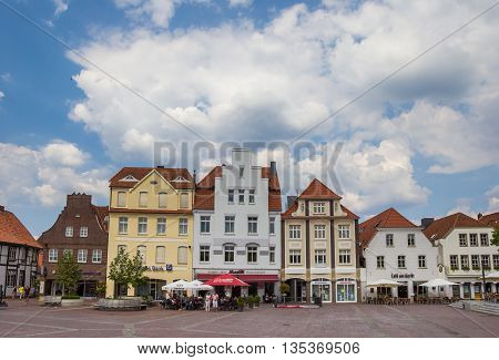 LINGEN, GERMANY - JUNE 4, 2016: Central market square with cafe and restaurant in Lingen, Germany
