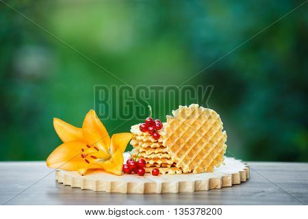 Belgian waffles with fresh berries on cutting board on background of green bokeh. grapefruit juice. pink cocktail with a straw.