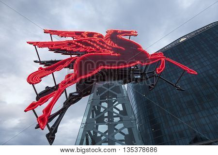 DALLAS USA - APR 9: The 1934 Pegasus statue seen on top of the Magnolia Building was taken down in 1999. Now it is restored and placed in front of the Omni Hotel. April 9 2016 in Dallas Texas USA