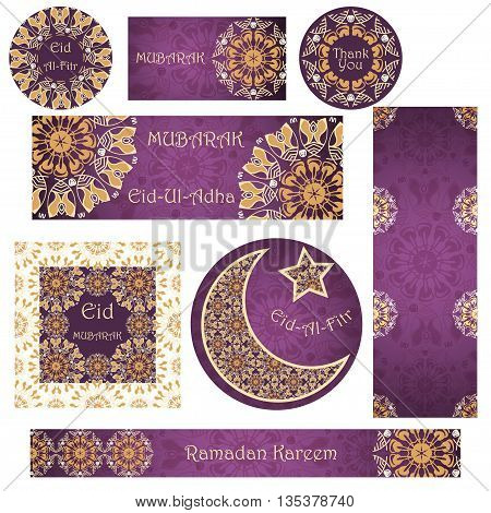 Vector set of cards and banners to Ramadan and Feast of Breaking the Fast. Greeting cards with text mandalas patterns and Muslim symbols
