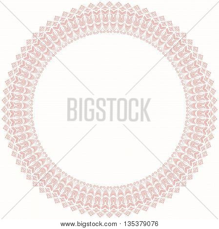 Oriental vector round frame with arabesques and floral elements. Floral fine border. Greeting card with place for text. Light pink pattern