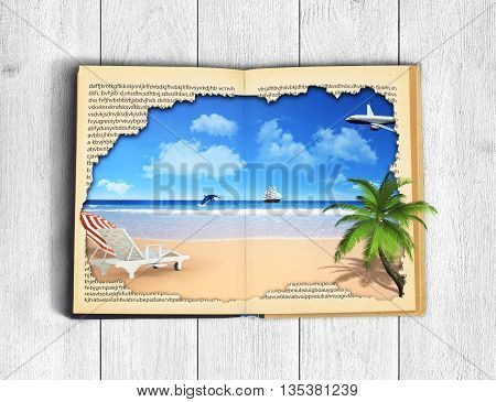 Concept of reading. Open book with picture of rest. Ocean sky and beach with palm tree and sunbed. Concept of vacation on a wooden background.
