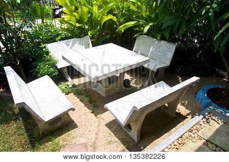 Beautiful garden patio seating corner made from stone
