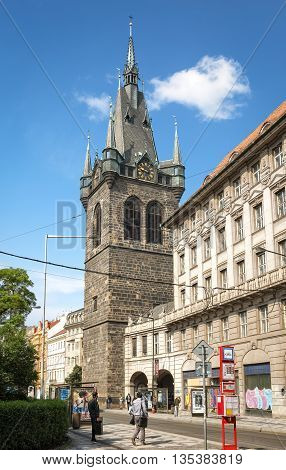 Prague Czech Republic - May 27 2016: The bell tower of the church Holy Roman Emperor Saint Henry II and Saint Cunigunde of Luxembourg. Unknown people present in picture.