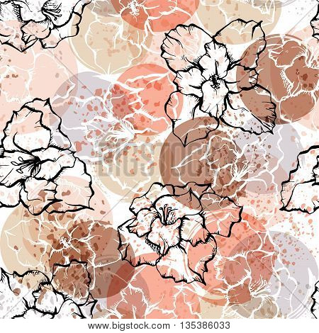 Seamless Modern Floral Pattern With Gladioli, Spots, Blots And Splashes Of Paint