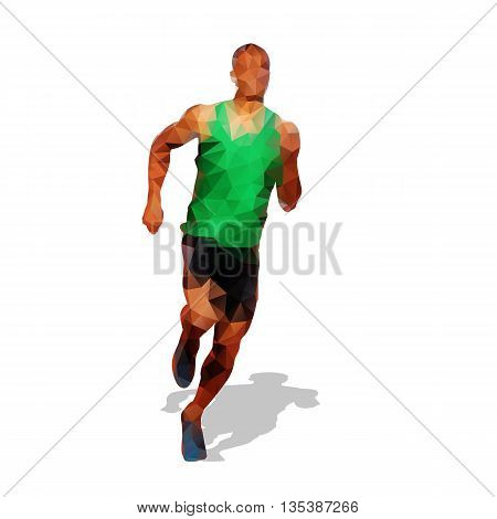 Running man geometrical vector silhouette front view. Runner
