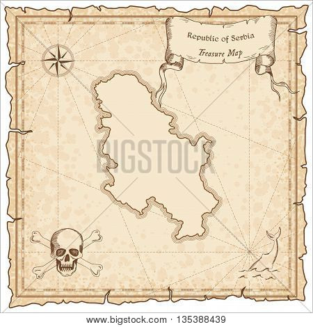Serbia Old Pirate Map. Sepia Engraved Template Of Treasure Map. Stylized Pirate Map On Vintage Paper