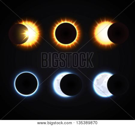Different phases of sun and moon eclipse cartoon icons set on dark background isolated vector illustration
