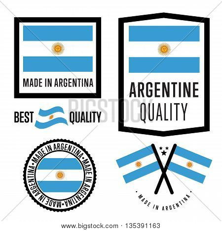 Made in Argentina label set. Vector Argentine flag. Symbol of quality. Manufacturing by Argentina. Tags and sticker collection. Vintage and modern stamp.