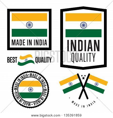 Made in India set. Vector Indian flag. Symbol of quality. Manufacturing by India. Tags and sticker collection. Vintage and modern stamp. Made in India badge. Made in India label.
