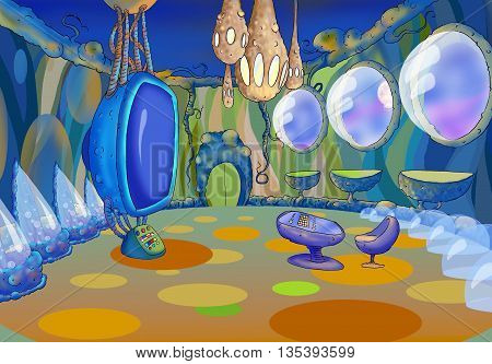 Digital Painting Illustration of a Spaceship Cabin Futuristic Interior Cartoon of Cosmic Spacecraft in SciFi Galaxy. Fantastic Cartoon Style Character Fairy Tale Story Background Card Design.