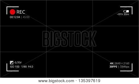 Black camera screen with 16x9 Full HD and 4k video grid. Shooting settings like shooter and aperture , video resolution. Recording Rec led blinked. Vector background