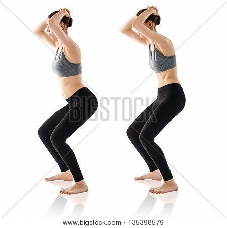Sporty beautiful young woman practicing Uddiyana Bandha technique isolated on white