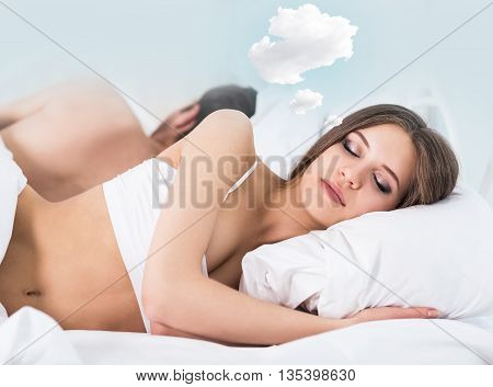 Woman with thoughts cloud sleeping in bed with her boyfriend