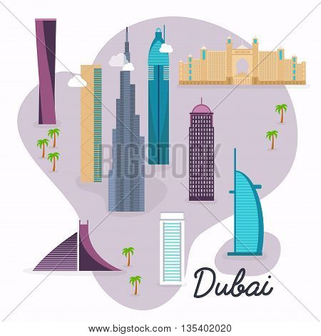 Dubai. Travel Map And Vector Landscape Of Buildings And Famous Landmarks. Vector Illustration.