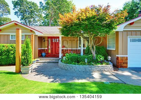 Cute Small Rambler House With Red Door And White Trim.