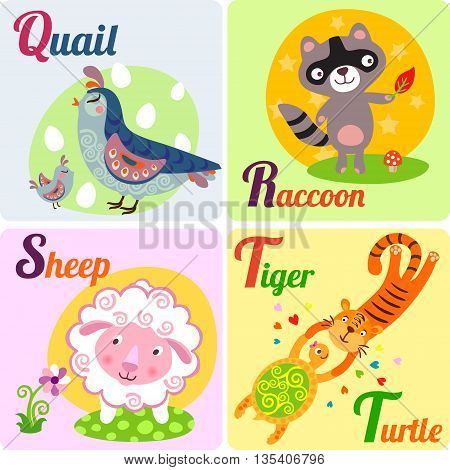 Cute zoo alphabet in vector. Q R S T letters. Funny animals for ABC book. Quail Raccoon Sheep Tiger and Turtle.