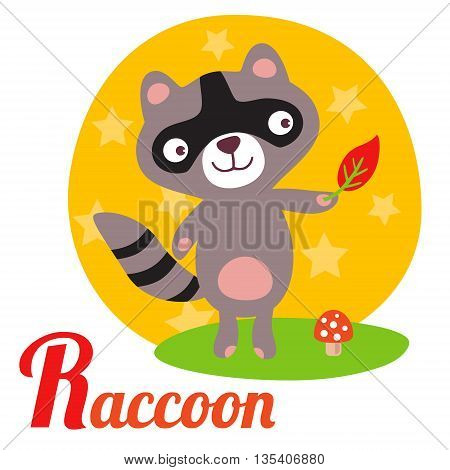 Cute animal alphabet for ABC book. Vector illustration of cartoon raccoon. R letter for the Raccoon