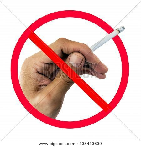 No smoking sign on cigarette in hand isolated on white background.