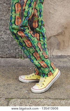 MILAN ITALY - JUNE 19: Detail of shoes outside Missoni fashion show building during Milan Men's Fashion Week on JUNE 19 2016 in Milan.