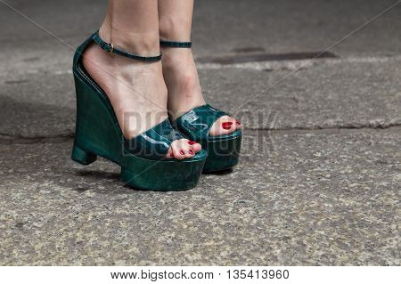 MILAN ITALY - JUNE 19: Detail of shoes outside Missoni fashion show building during Milan Men's Fashion Week on JUNE 19 2016 in Milan.