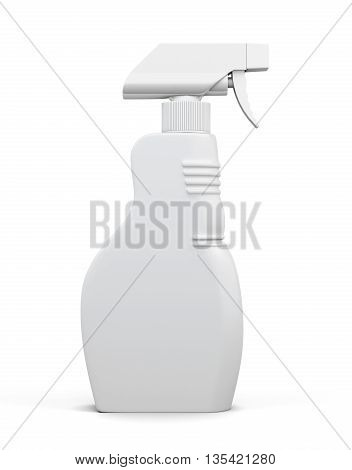 Empty bottle of detergent spray isolated on white background. Household chemicals. Cleaning product. Front view. For your design. 3d rendering