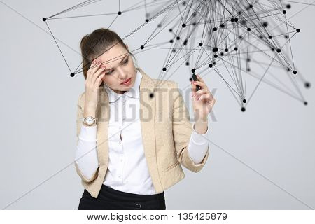 Worldwide network or wireless internet connection futuristic concept. Woman working with linked dots.