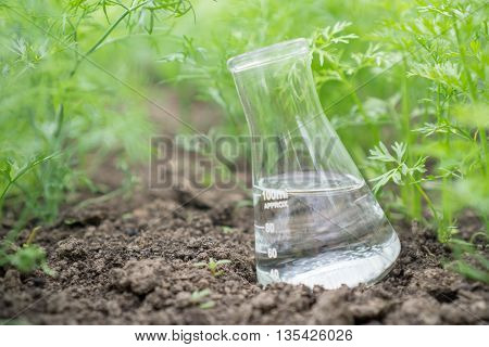Liquid in chemical ware on a background of plants, fertilizers or pesticides in the garden.