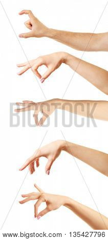 Set of empty different hands to grab objects, isolated on white