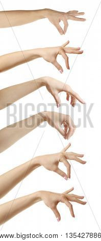 Set of empty different hands to grab objects, isolated on white