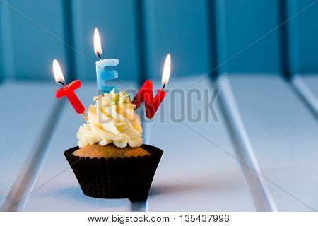 Cupcake With A Candles For 10 - Tenth Birthday