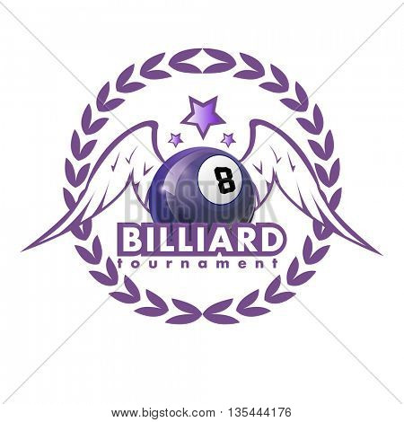 Vector Design Billiards, pool and snooker sport icon. Poolroom emblems design with balls, laurel wreath, stars and wings. Vector Illustration. Isolated on White.