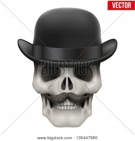 Human skull with black bowler hat. Vector Illustration on isolated white background