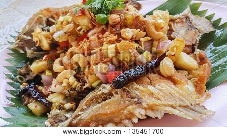 Herb salad with deep fried fish (Thai fusion and healthy food)